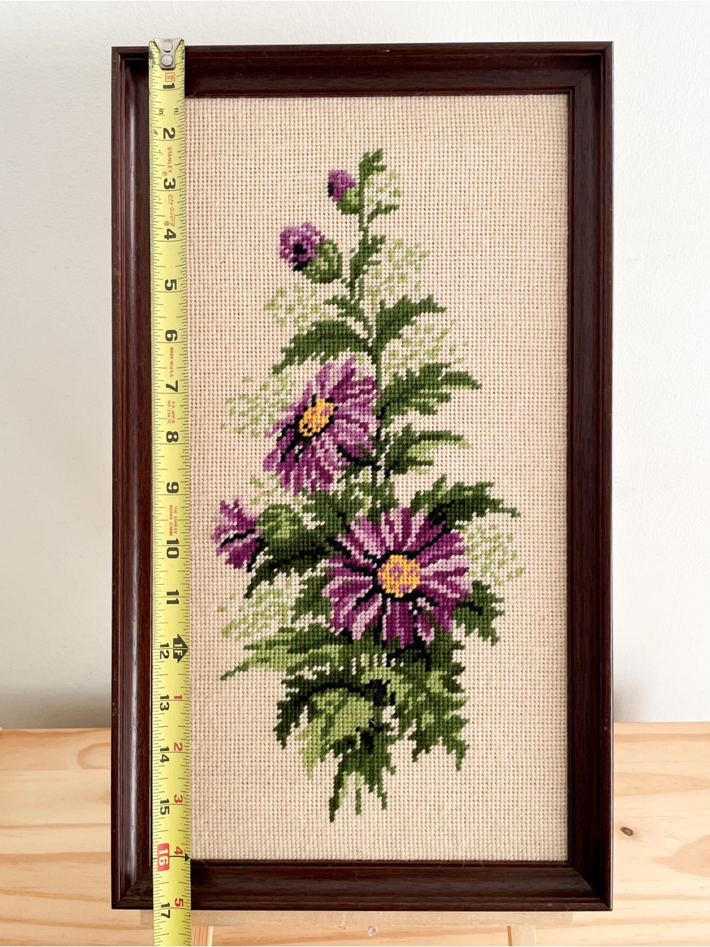 Vintage Framed Needlepoint Purple Aster Flowers Floral Botanical Wall Art - Picture 5 of 7